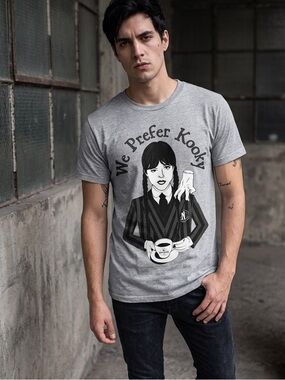 Wednesday Addams Shirt We Prefer Kooky Holding Coffee Nevermore Netflix Gray